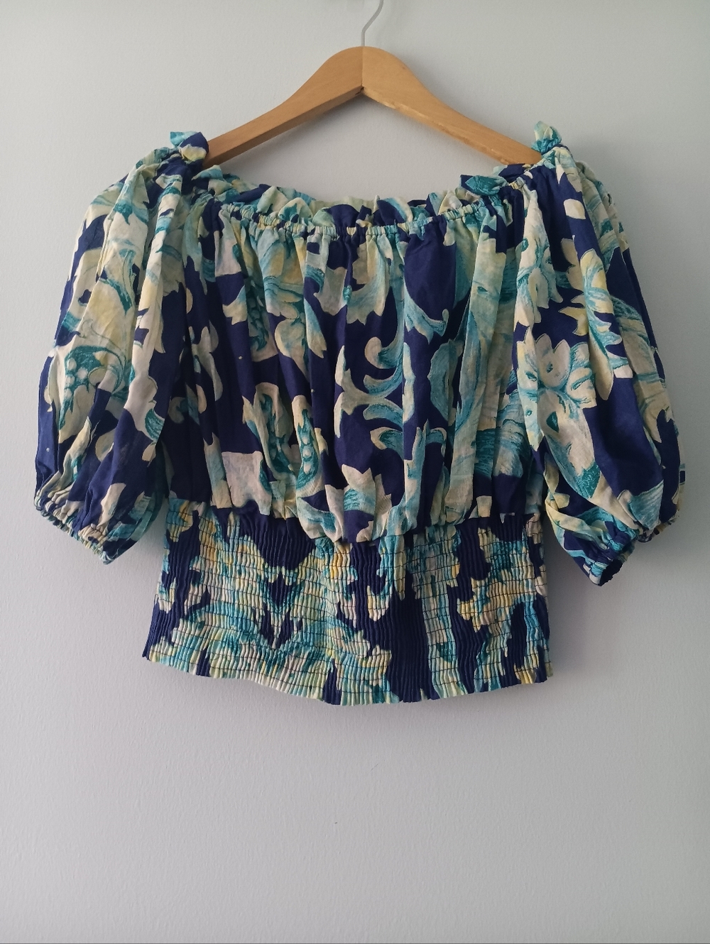 Antica Sartoria Blue Floral Smocked Off Shoulder Cotton Puff Sleeve Top OS